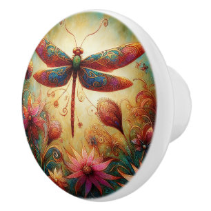 Whimsical Dragonfly Floral Abstracte Kunst Blauwgr Keramische Knop