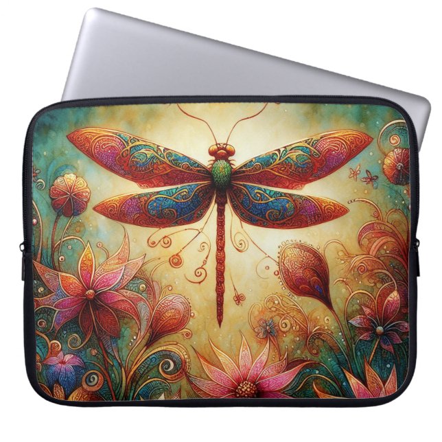 Whimsical Dragonfly Floral Abstracte Kunst Blauwgr Laptop Sleeve (Voorkant)