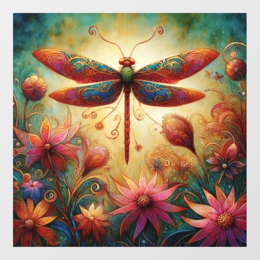Whimsical Dragonfly Floral Abstracte Kunst Blauwgr Raamsticker (Vel)