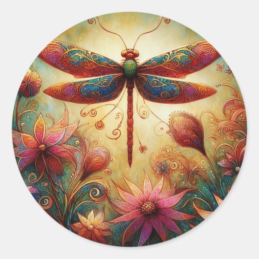 Whimsical Dragonfly Floral Abstracte Kunst Blauwgr Ronde Sticker (Voorkant)