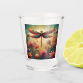 Whimsical Dragonfly Floral Abstracte Kunst Blauwgr Shot Glas (Voorkant)