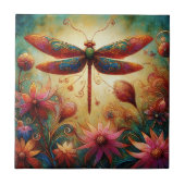 Whimsical Dragonfly Floral Abstracte Kunst Blauwgr Tegeltje (Voorkant)