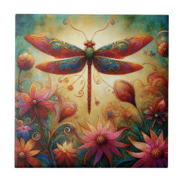 Whimsical Dragonfly Floral Abstracte Kunst Blauwgr Tegeltje