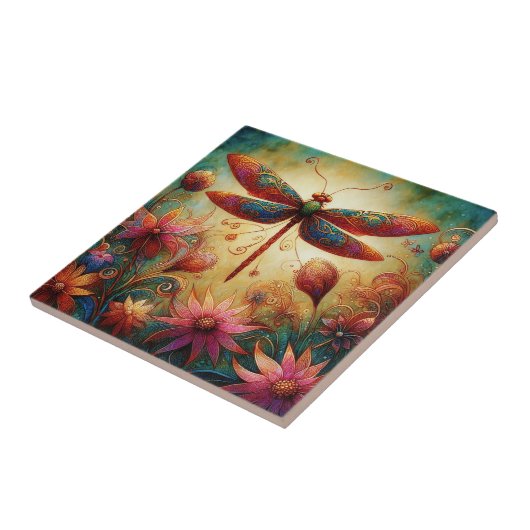 Whimsical Dragonfly Floral Abstracte Kunst Blauwgr Tegeltje (Zijkant)