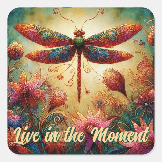 Whimsical Dragonfly Floral Abstracte Kunst Blauwgr Vierkante Sticker (Voorkant)