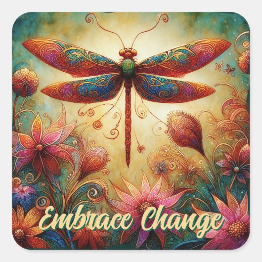 Whimsical Dragonfly Floral Abstracte Kunst Blauwgr Vierkante Sticker (Voorkant)