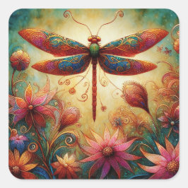Whimsical Dragonfly Floral Abstracte Kunst Blauwgr Vierkante Sticker