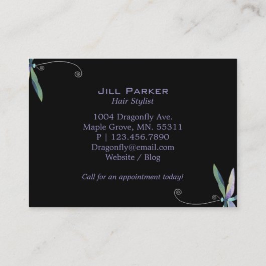 Whimsical Dragonfly op zwart Visitekaartje (Achterkant)