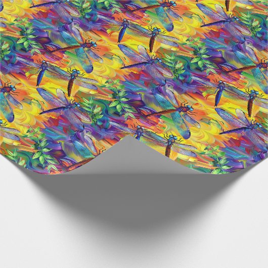 Whimsical Dragonfly Patroon met levendige achtergr Cadeaupapier (Hoek)
