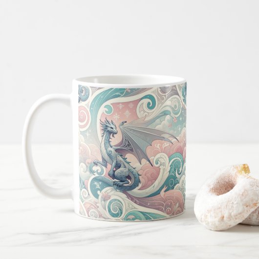 Whimsical Drakes: Pastel Dragon Fantasy Koffiemok (Met donut)