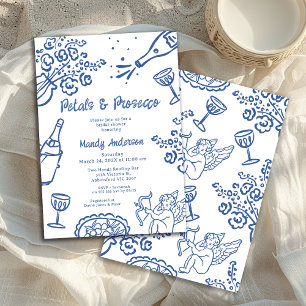 Whimsical Drawn Blue Petal Prosecco Vrijgezellenfe Kaart