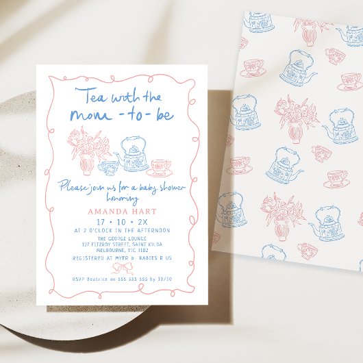 Whimsical Drawn Tea met mama om Baby shower te zij Kaart