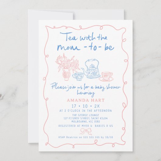 Whimsical Drawn Tea met mama om Baby shower te zij Kaart (Voorkant)