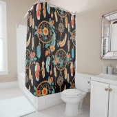 Whimsical dreamcatcher boho dark floral zwart blau douchegordijn (In situ)