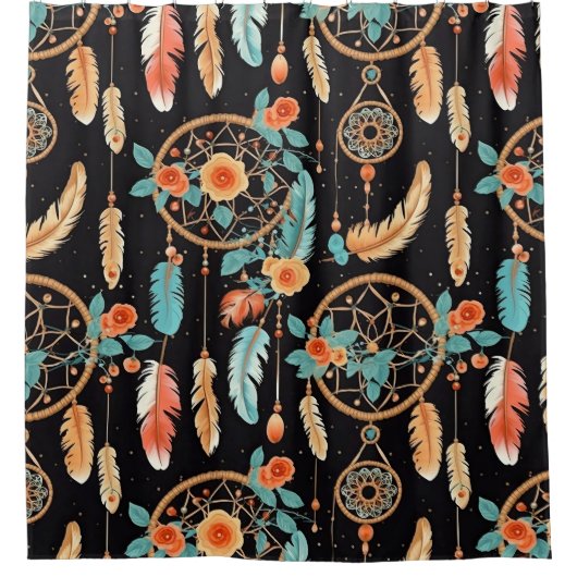 Whimsical dreamcatcher boho dark floral zwart blau douchegordijn (Voorkant)