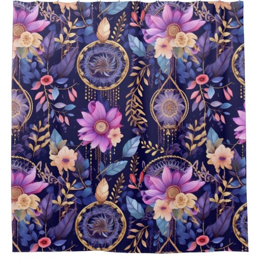 Whimsical dreamcatchers boho donker bloemig paarse douchegordijn (Voorkant)