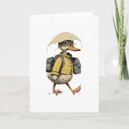 Whimsical Duck Walking in Rain Art Kaart