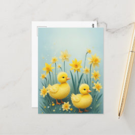 Whimsical Duckling Duo met narcissen Briefkaart