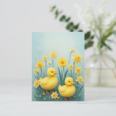 Whimsical Duckling Duo met narcissen Briefkaart (Staand voorkant)