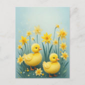 Whimsical Duckling Duo met narcissen Briefkaart (Voorkant)