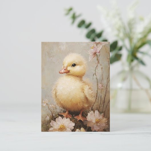 Whimsical Duckling met bloemen Spring Art Briefkaart (Staand voorkant)
