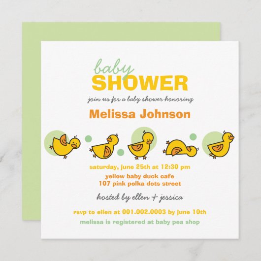 Whimsical Ducks Green Stippen Baby shower Invite Kaart (Voorkant / Achterkant)
