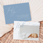 Whimsical Dusty Blue Bedankt Baby Aankondiging<br><div class="desc">Introductie van onze grillige stoffige blauwe bedankkaart baby, perfect voor uw eenvoudige moderne boho spring- of winterfeest! Deze kaart heeft een boho-chique sfeer met elegante kalligrafie en een minimalistisch wit-op-blauw ontwerp, waardoor het ideaal is voor jongens. Bovendien is het bewerkbaar, zodat je je eigen stijlvolle, grillige touch aan creëer kunt...</div>