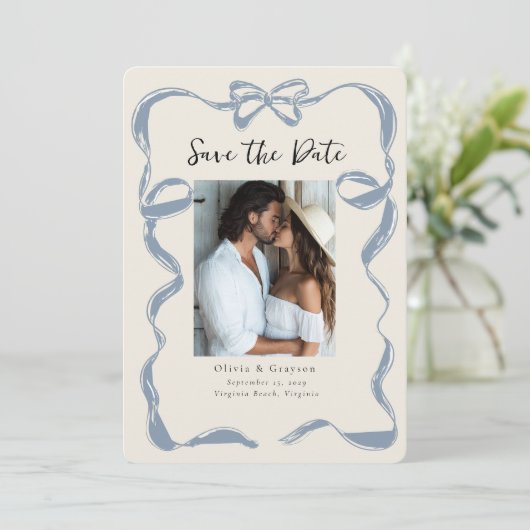 Whimsical Dusty Blue Bow Save the Date (Staand voorkant)