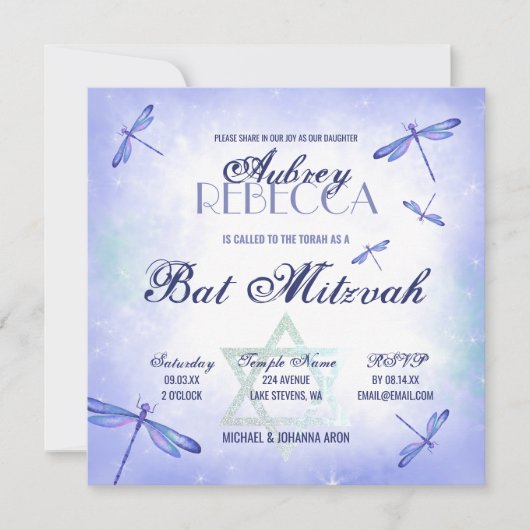 Whimsical Dusty Blue Dragonflies Bat Mitzvah Kaart (Voorkant)