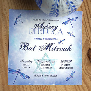 Whimsical Dusty Blue Dragonflies Bat Mitzvah Kaart