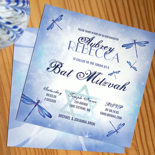 Whimsical Dusty Blue Dragonflies Bat Mitzvah Kaart