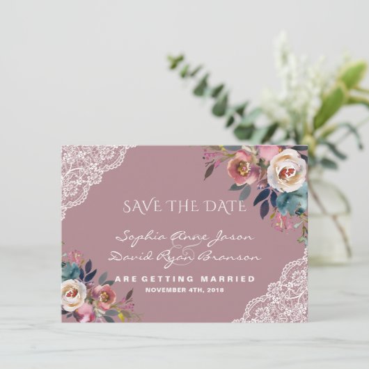 Whimsical Dusty Blue Dusty Roos Flowers Wedding Save The Date (Staand voorkant)