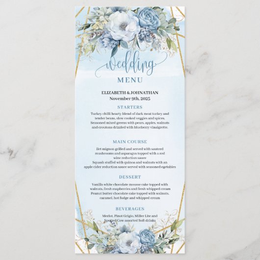 Whimsical Dusty Blue Eucalyptus Floral Wedding  Menu (Voorkant)