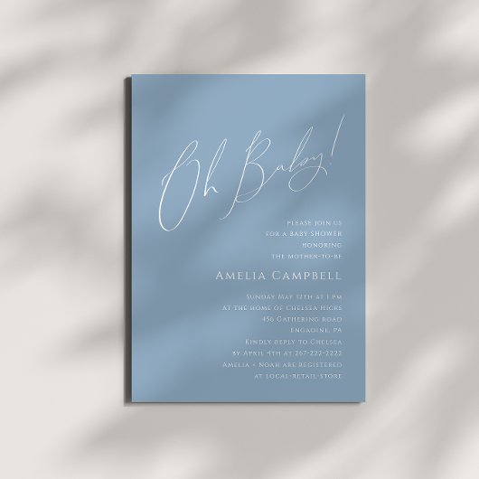 Whimsical Dusty Blue Oh Baby! Baby Shower Kaart