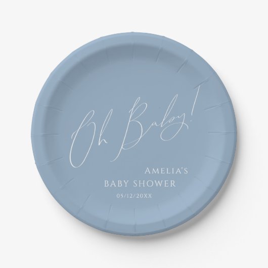 Whimsical Dusty Blue Oh Baby! Baby Shower Papieren Bordje (Voorkant)