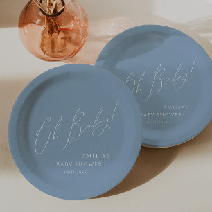 Whimsical Dusty Blue Oh Baby! Baby Shower Papieren Bordje