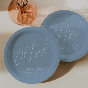 Whimsical Dusty Blue Oh Boy! Baby Shower Papieren Bordje
