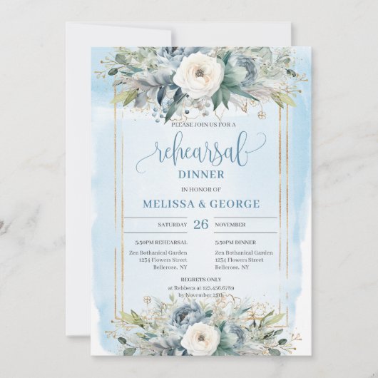 Whimsical Dusty Blue Peony Rehearsal Dinner Card Kaart (Voorkant)