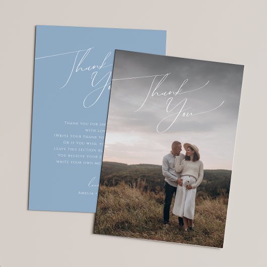 Whimsical Dusty Blue Vertical Photo Baby shower Bedankkaart