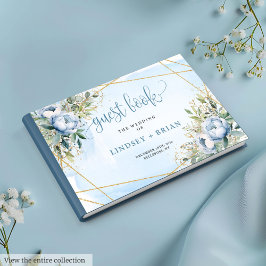 Whimsical Dusty Blue White Gold Peonies Guest Book Gastenboek