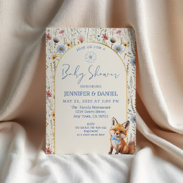 Whimsical Dusty Blue Woodland Fox Baby shower Kaart