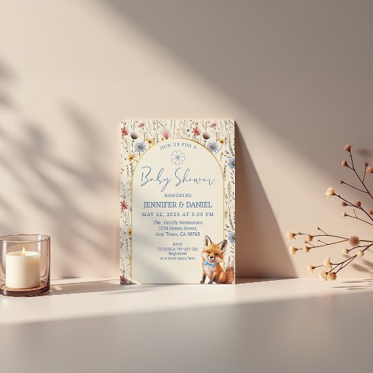 Whimsical Dusty Blue Woodland Fox Baby shower Kaart