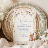 Whimsical Dusty Blue Woodland Fox Baby shower Kaart