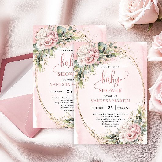 Whimsical Dusty Pink Flowers Eucalyptus Baby Showe Kaart
