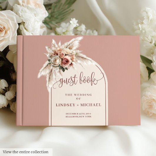 Whimsical Dusty Pink Pampas Floral Boho Wedding Gastenboek