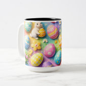 Whimsical Easter bunny and colourful egg pattern c Tweekleurige Koffiemok (Voorkant links)