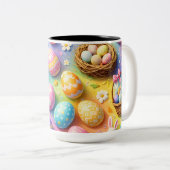 Whimsical Easter bunny and colourful egg pattern c Tweekleurige Koffiemok (Voorkant rechts)