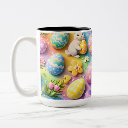 Whimsical Easter bunny and colourful egg pattern c Tweekleurige Koffiemok (Links)