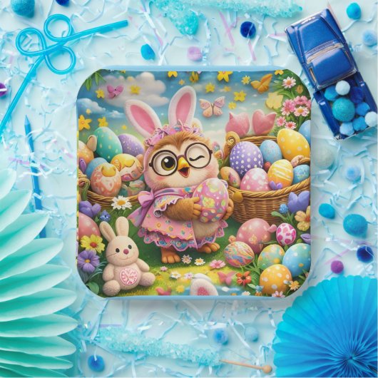Whimsical Easter bunny and colourful eggs Papieren Bordje (Feest)