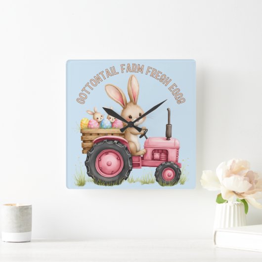 Whimsical Easter Bunny Boerderij  Tractor Vierkante Klok (Huis)